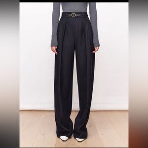 Winter Black Straight-leg Pants with Belt( 47% wool, 38.5% cotton )